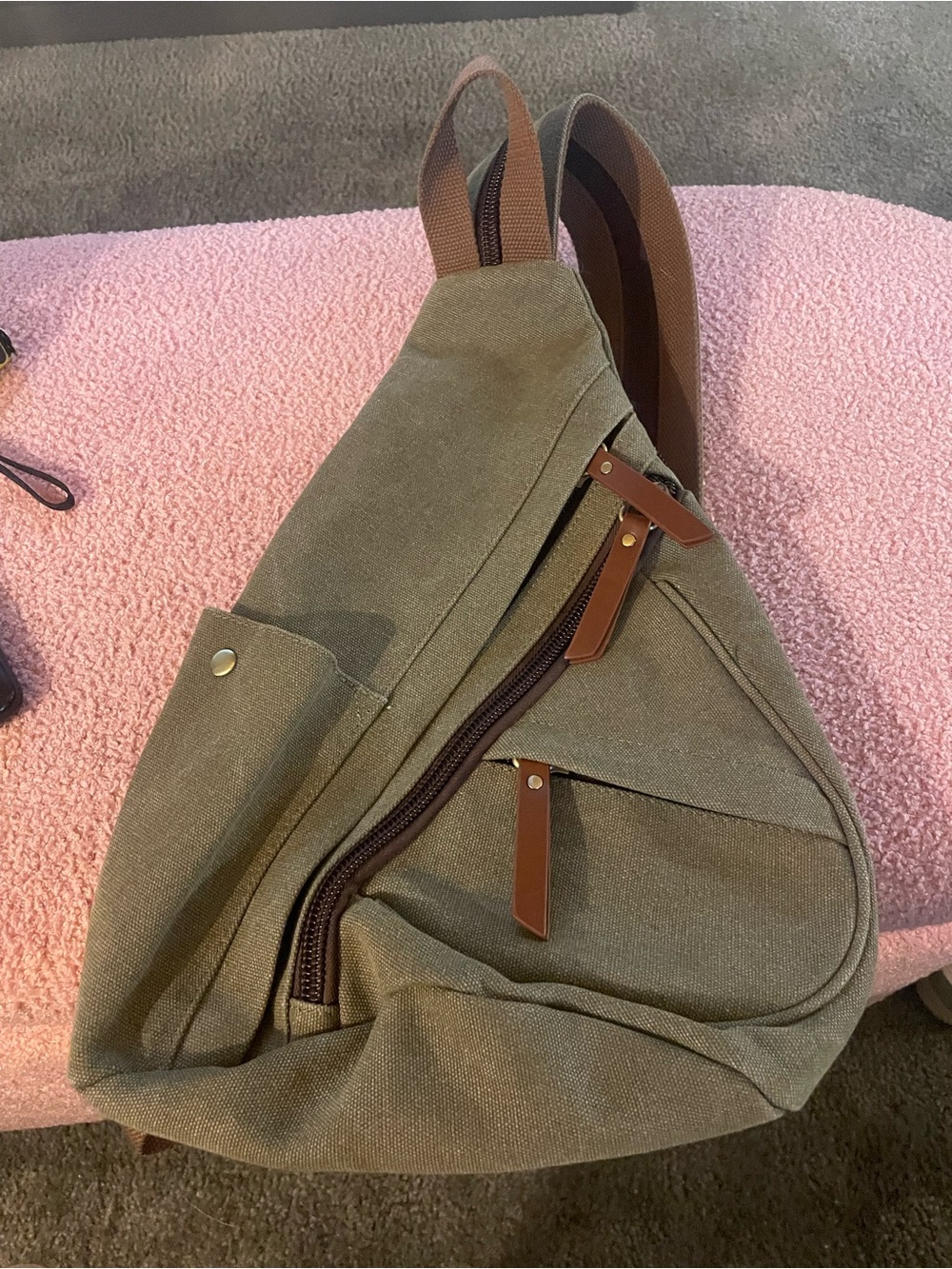 Antik Kraft Olive Canvas Sling Backpack with Brown Accents